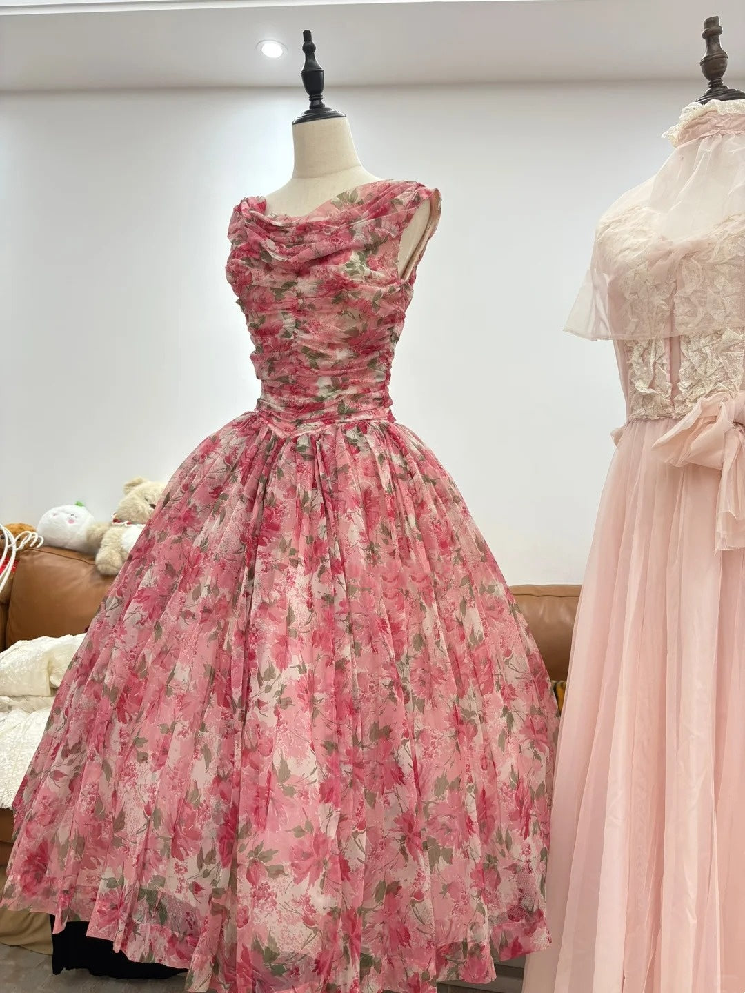 Elegant Prom Dress Crew Neck Pleated Print Evening Dress Quinceanera Dress Ball Gown D4007