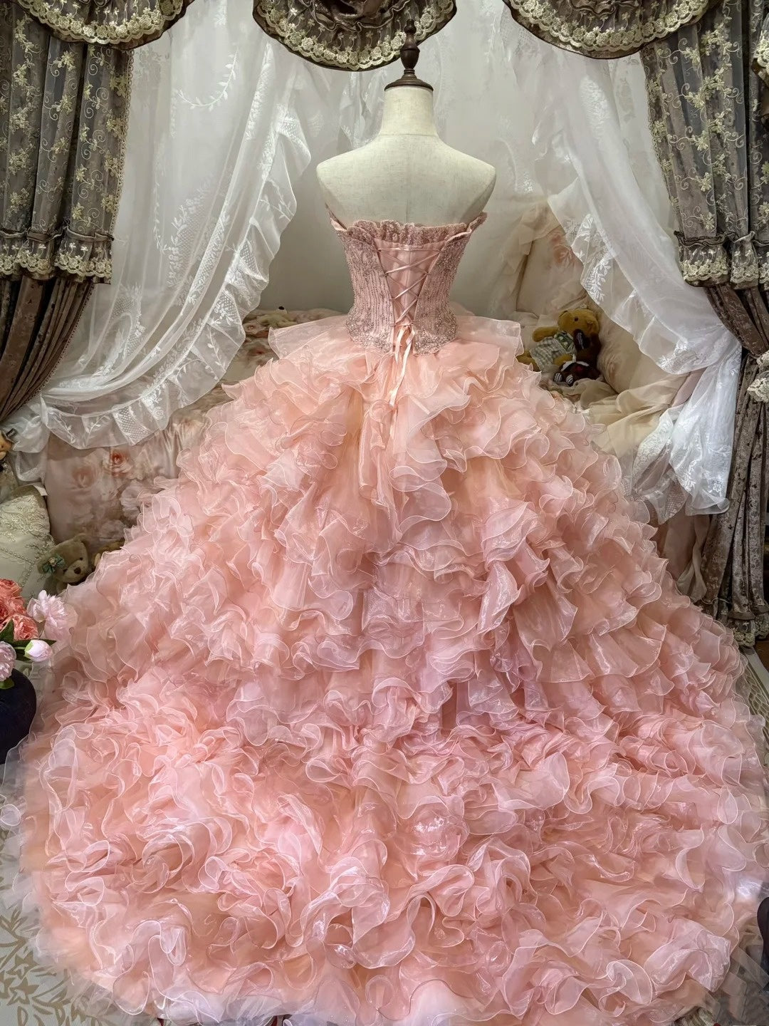 Beauty Prom Dress Strapless Ruffle Tiered Evening Dress Quinceanera Dress Ball Gown D4012
