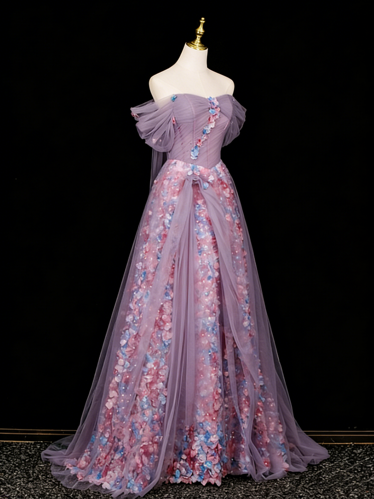 Stunning Prom Dress Off Shoulder Pleated Tulle Floral Gala Dress Evening Dress D4108