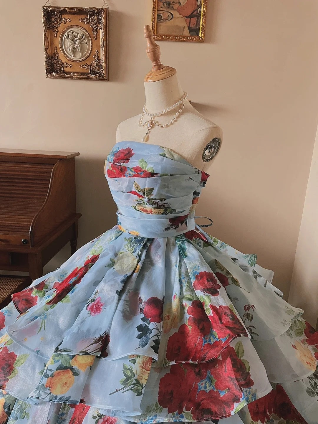 Elegant Prom Dress Strapless Print Tiered Evening Dress Quinceanera Dress Ball Gown D4359