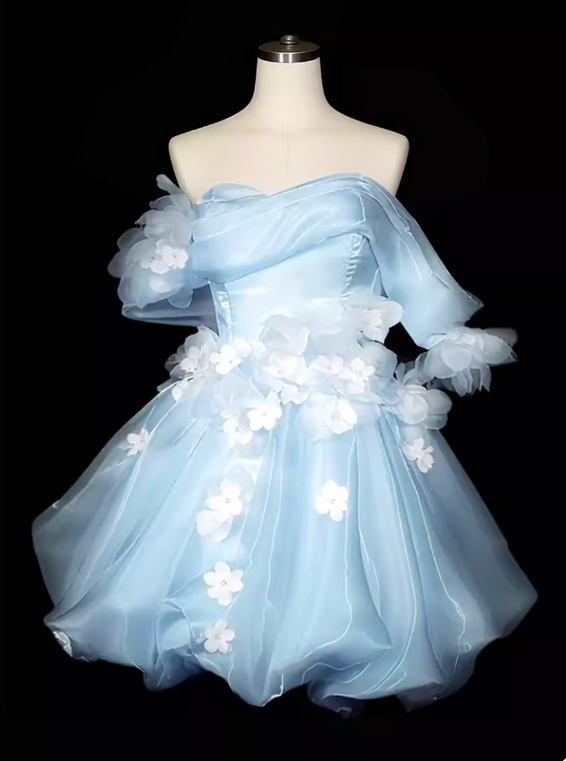 New Arrival Homecoming Dress Off Shoulder Pleated Floral Short Prom Dress Birthday Party Outfits D4381