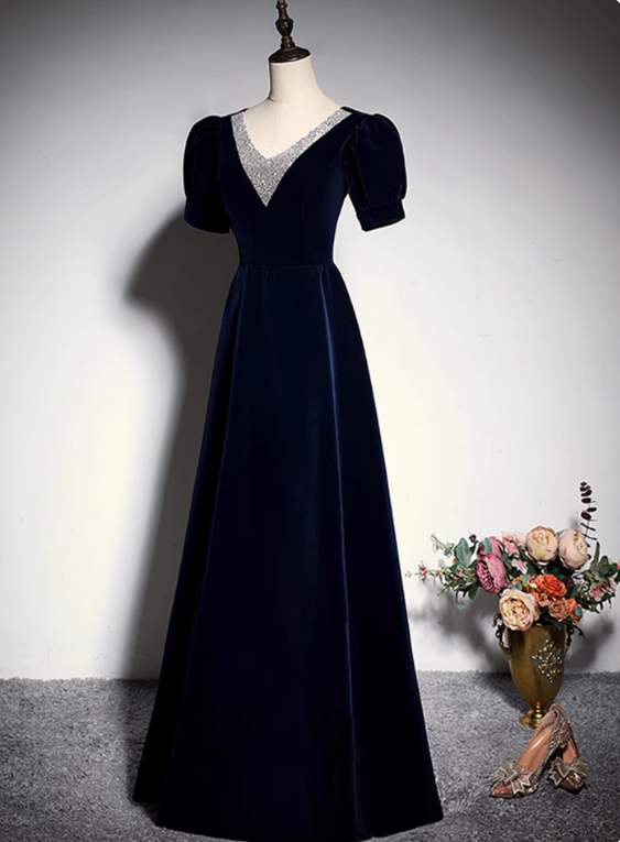 Elegant Prom Dress Dark Blue A Line V-neck Gala Dress Evening Dress Formal Dress D4517