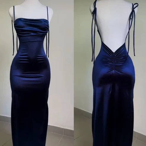 Navy Blue Straps Open Back Ruffles Sheath Satin Long Party Dress MD7479