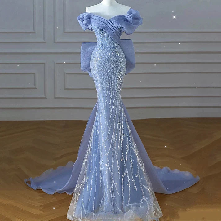 Blue Beaded Mermaid Prom Dress Off Shoulder Sparkly Long Evening Dress MD7553
