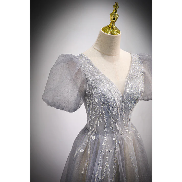 Gray A-Line Sequins Long Prom Dress Formal Evening Dress MD7286