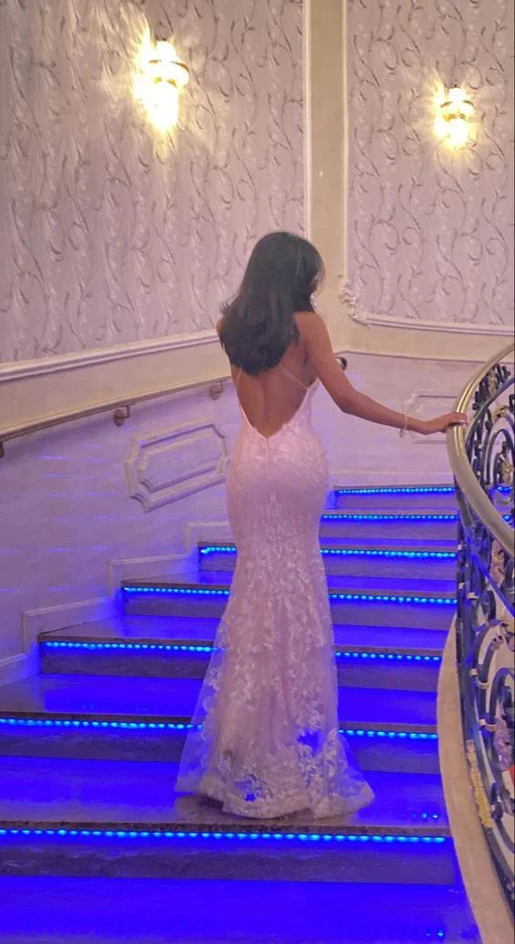 Mermaid Pink Tulle Lace Long Prom Dresses Backless Evening Party Dress MD7585
