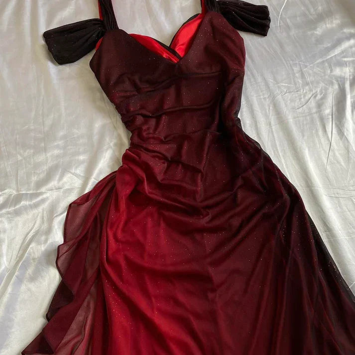 Burgundy Prom Dress A Line Shiny Sweetheart Long Gala Dress Ruffled Evening Gown Birthday Party Dress MD7587