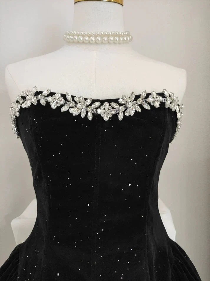 Black Strapless Short Prom Dress Beaded Evening Party Dress MD7590
