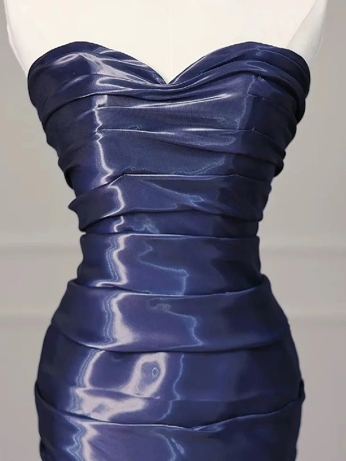 Navy Blue Mermaid Strapless Long Evening Dress, Navy Blue Satin Prom Dress MD7613