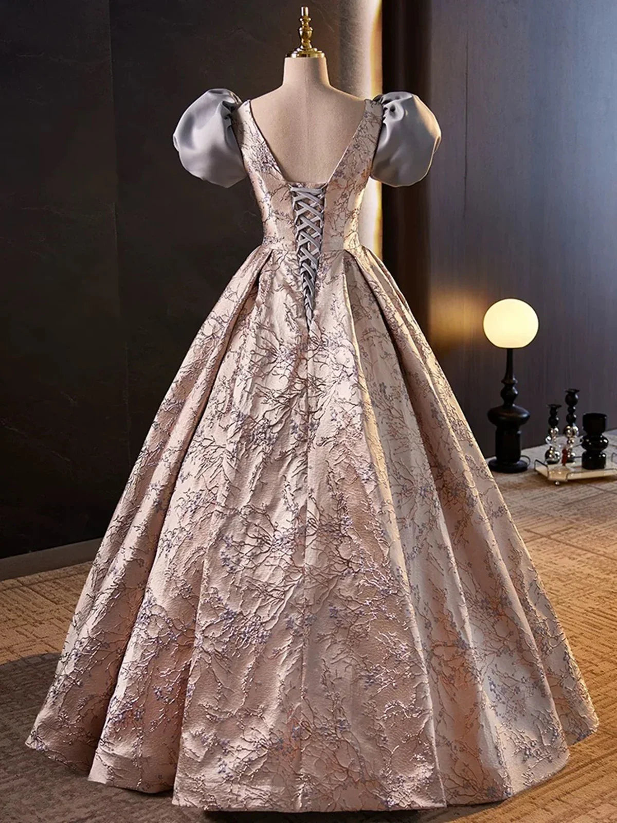 Lovely A-Line Floral Satin Short Sleeves Long Prom Dress Formal Gown MD7618