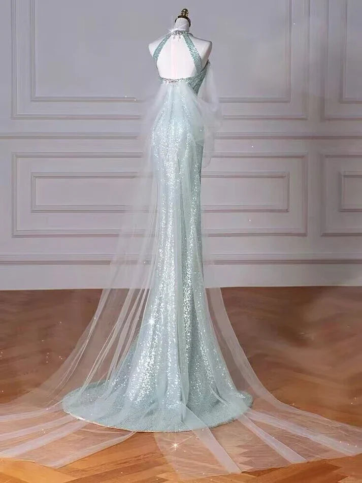 Tiffany Blue Mermaid Sequins Long Prom Dress Formal Party Gown MD7649