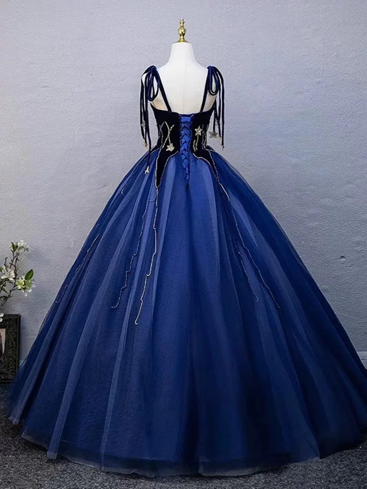 Navy Blue Straps A-Line Tulle Formal Ball Gown Evening DressMD7707