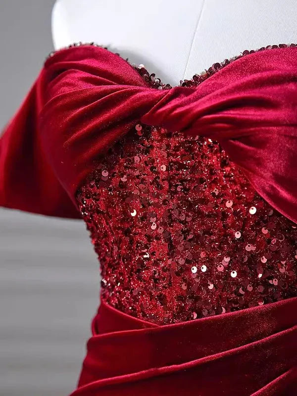 Mermaid Burgundy Off The Shoulder Long Prom Dresses Velvet Birthday Outfits MD7714