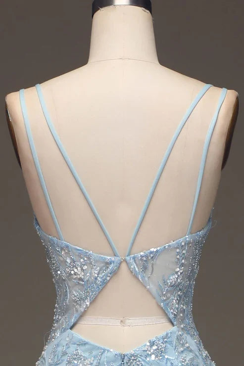 Light Blue Sequins Beads Prom Dress Formal Party Dress with Slit MD7719