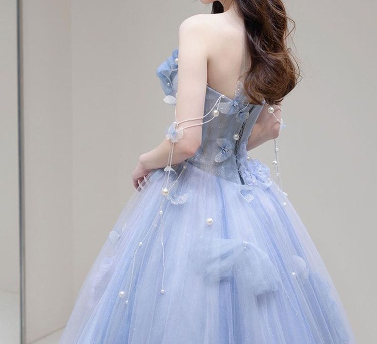 Blue Sweetheart A-Line Appliques Tulle Long Party Dress Evening Gown MD7745