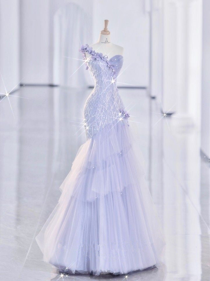 Light Lilac One Shoulder Tulle Sequin Mermaid Long Party Dress MD7787