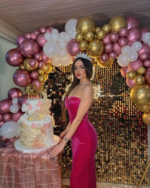 Hot Pink Sweatheart Velvet Long Party Dress Birthday Dress, MD7900