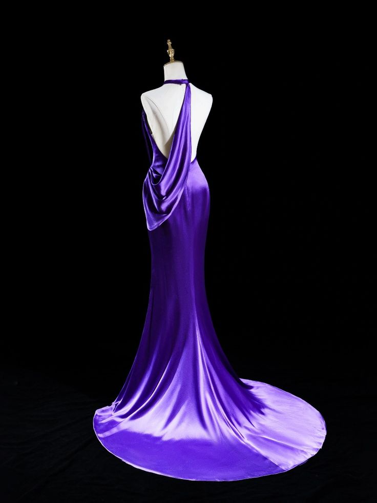 Elegant Purple Halter Satin Mermaid Long Formal Prom Dress, MD7905