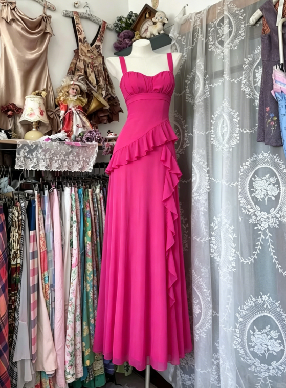 Vintage Hot Pink Ruffle A Line Spaghetti Straps Chiffon Prom Dress Evening Dress SH5857