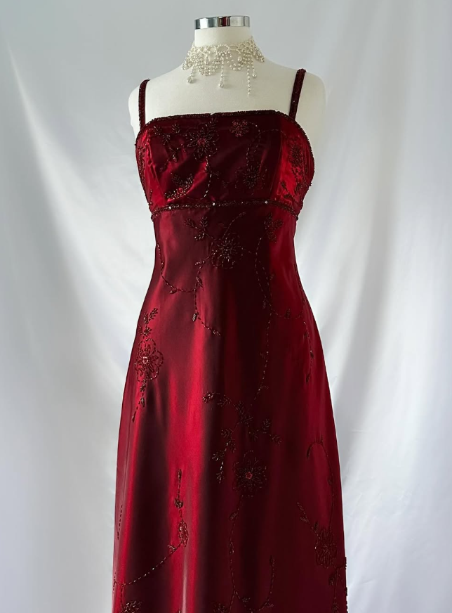 Vintage A Line Straps Beaded Gloss Burgundy Satin Long Prom Dress SH5455