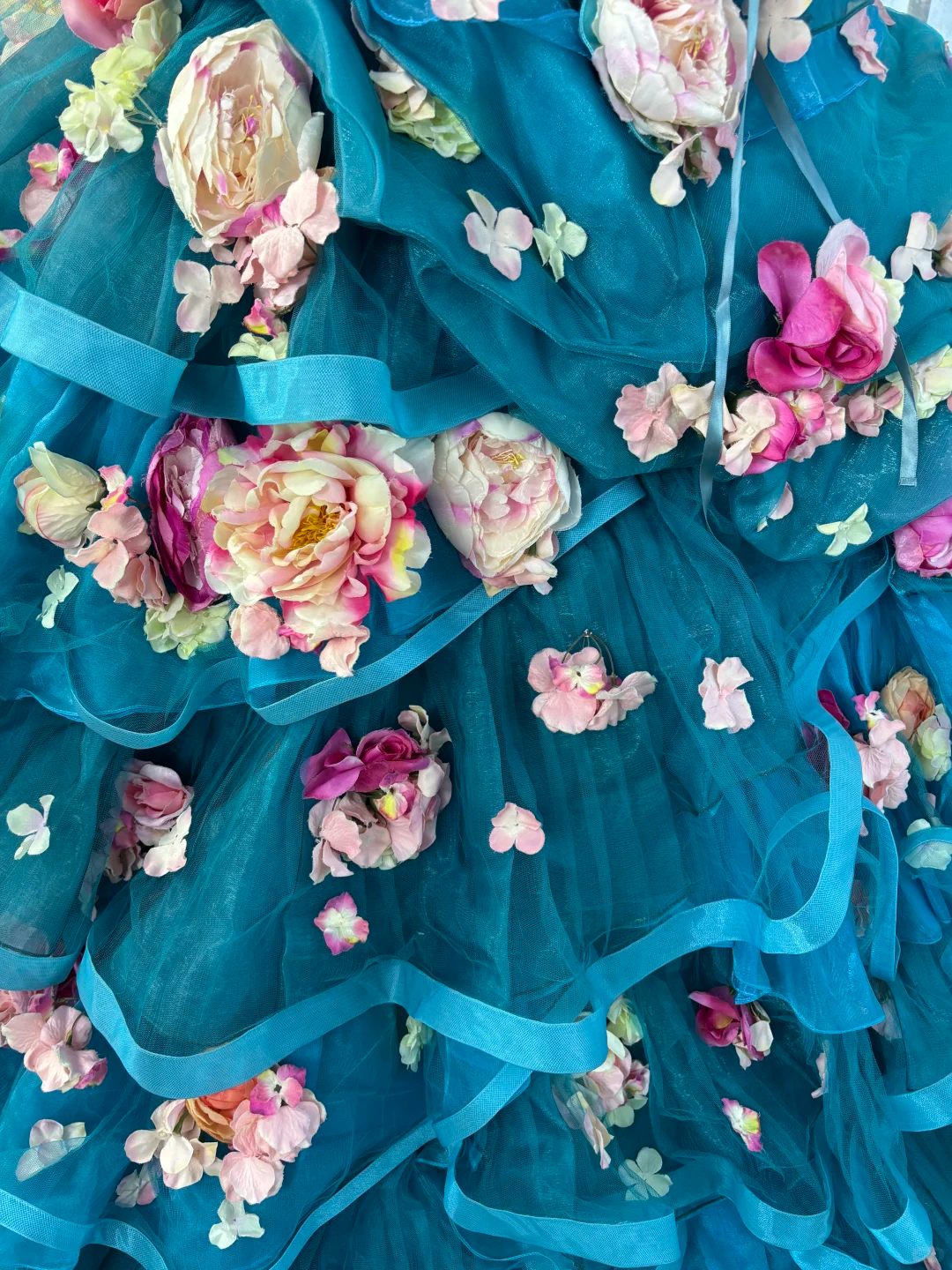 Vintage Blue Ball Gown Strapless 3D Floral Layered Tulle Prom Dress Sweet 16 Dress SH5783