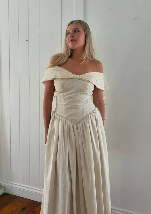 Vintage Apricot A Line Off the Shoulder Simple Satin Wedding Dress SH6176