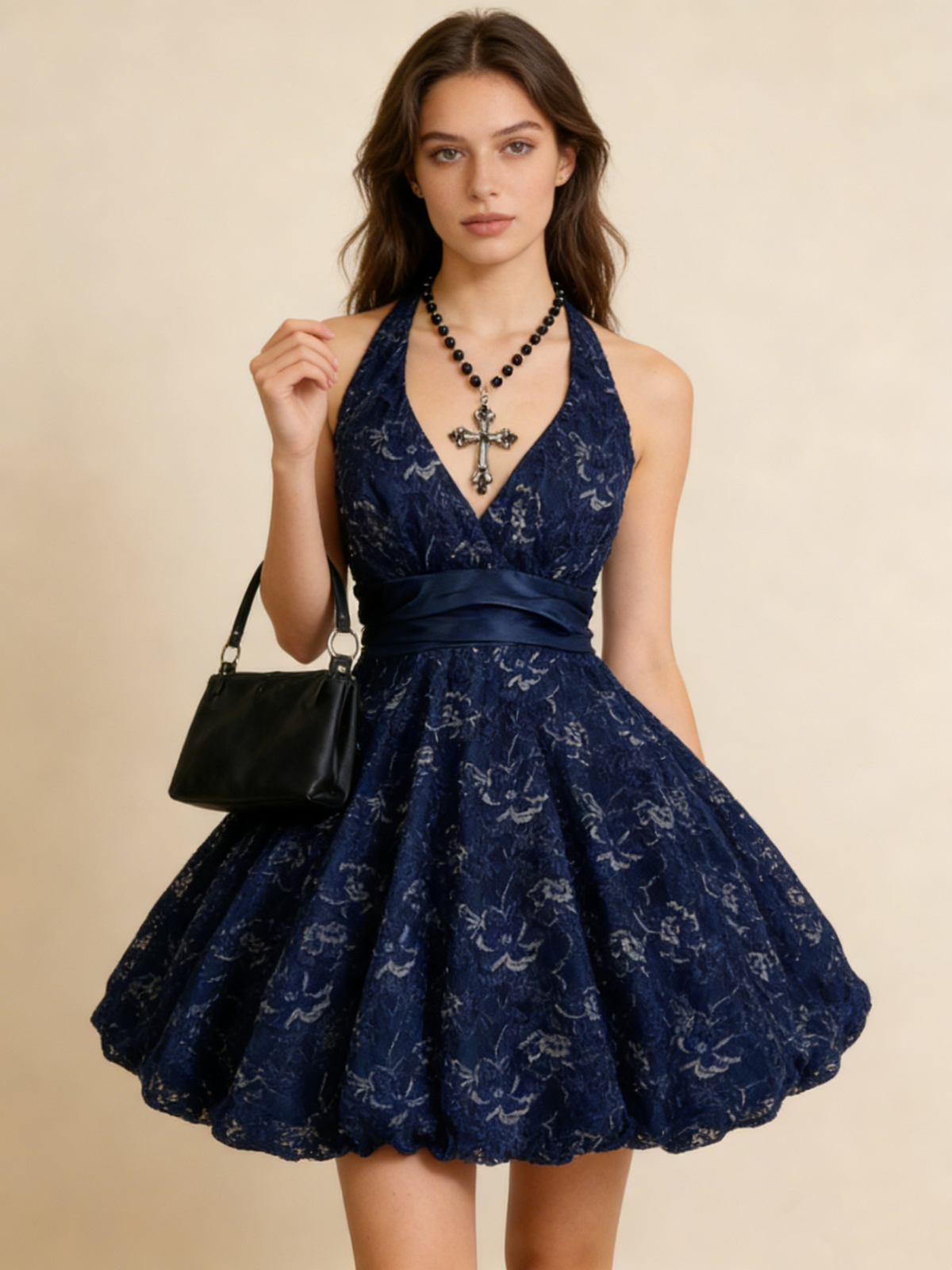 Navy Blue Halter A-Line Lace Midi Length Party Dresses Cocktail Dresses Homecoming Dress, D1221