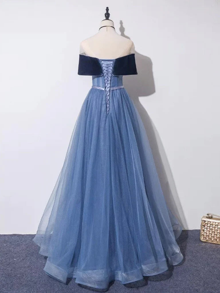 A-Line Off Shoulder Tulle Gray Blue Long Prom Dress, Blue Formal Dress MD7167