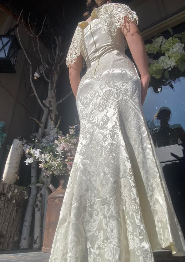 Vintage Elegant Mermaid V Neck Print Floral Satin Wedding Dress Prom Dress SH5939