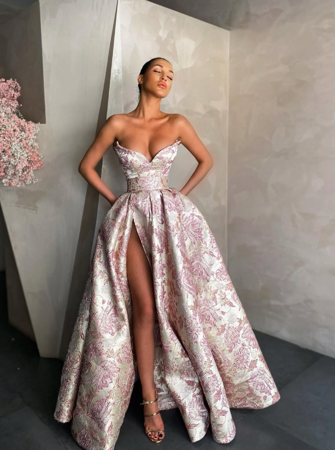 Sweety Pink Print A Line Strapless Satin Long Prom Dress Evening Dress with Slit SH6115