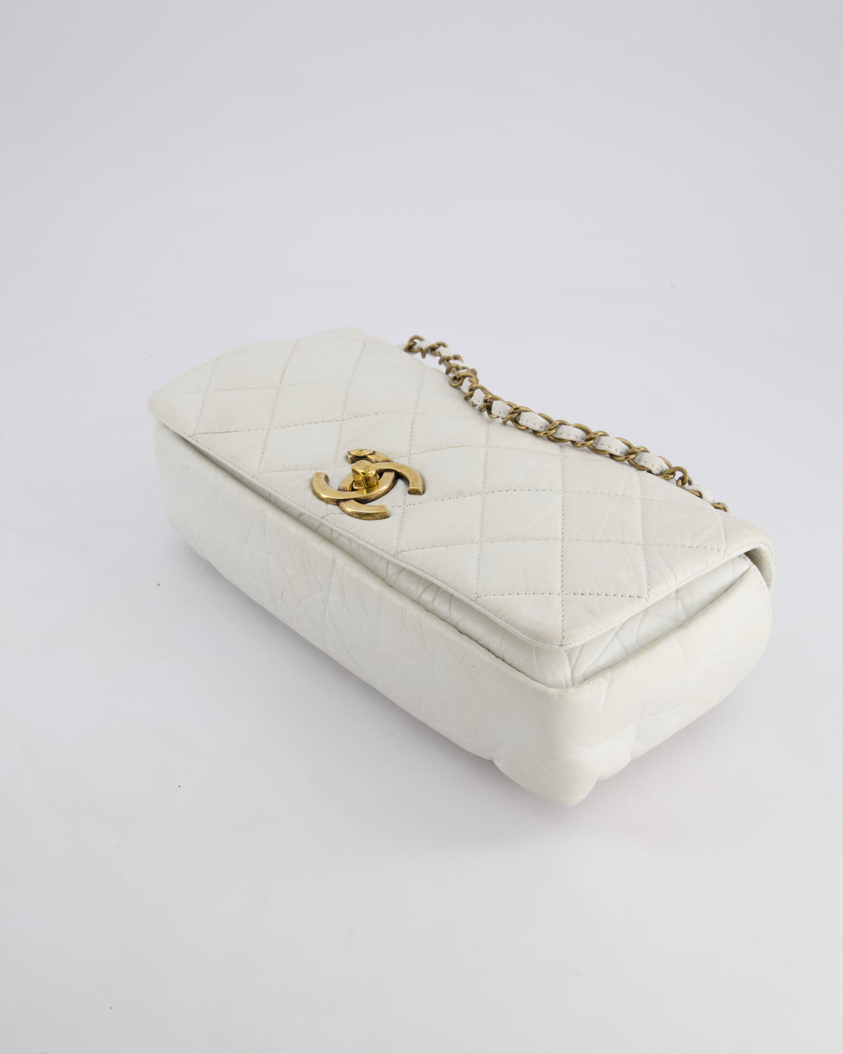 Chanel White Single Flap Bag Aged Calfskin Leather with Antique Gold Hardware