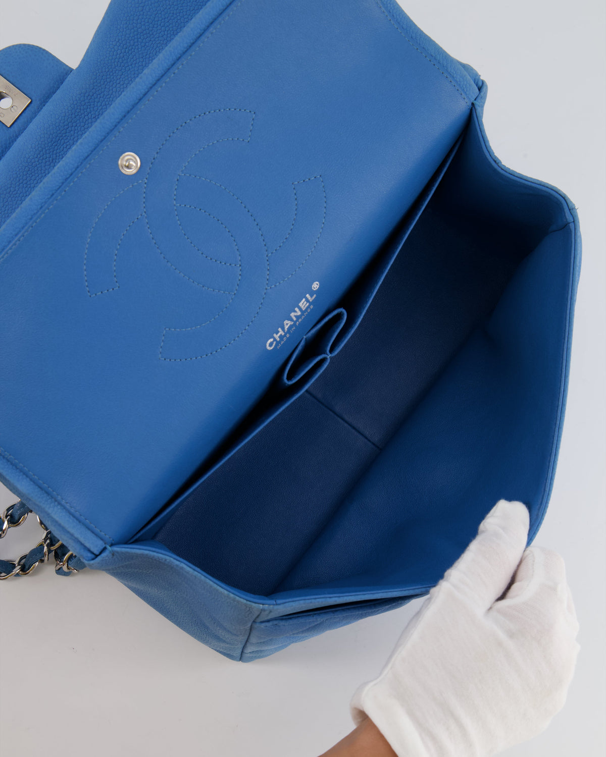 *FIRE PRICE* Chanel Blue Jumbo Classic Double Flap Bag in Caviar Nubuck Leather with Silver Hardware 