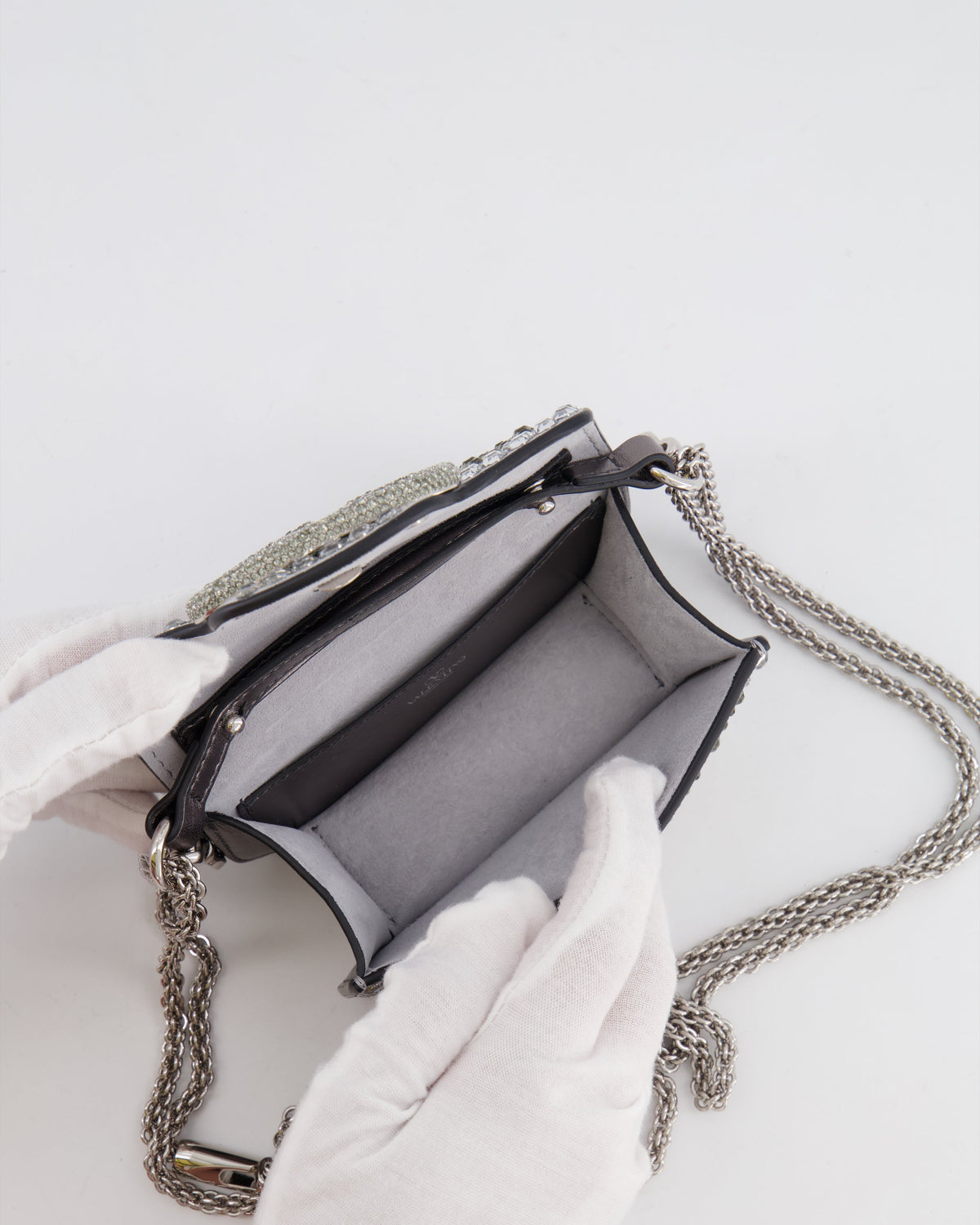 Valentino Silver Micro Logo Chain Bag with Rhinestones and Silver Hardware RRP £2,000