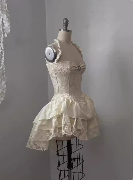 Vintage Beige Sweetheart Applique A-Line Elegant Tiered Homecoming Dress Party Dress Prom Dresses D1618