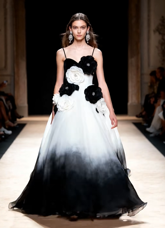 Unique Black-White Ombre A Line Straps Floral Chiffon Long Prom Dress SH5089