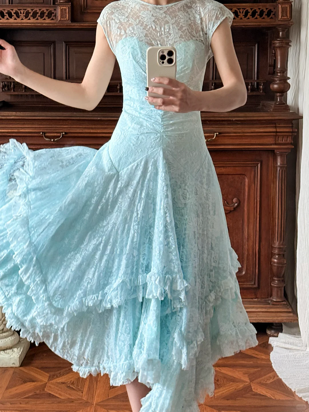 Vintage Blue A Line Lace Backless Prom Dress Evening Dress SH5659