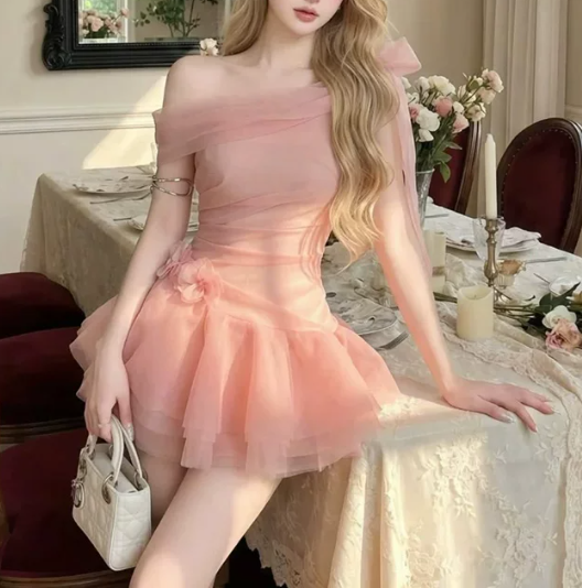 Sweet Homecoming Dress One Shoulder Flower Tulle Prom Dress Back to School Outfits Party Dress D6260
