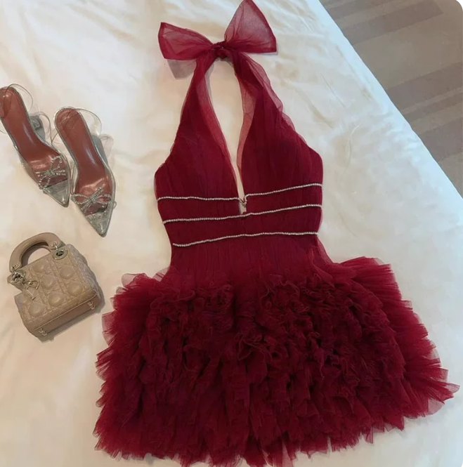 Charming Homecoming Dress Halter Tulle Lace Prom Dress Back to School Outfits Party Dress D6304