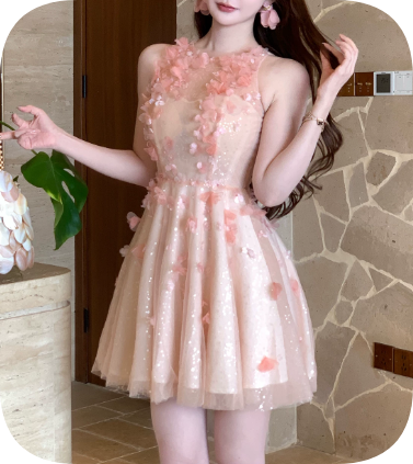 Sweet Homecoming Dress Halter Flower Tulle Dress Back to School Outfits Party Dress D6346