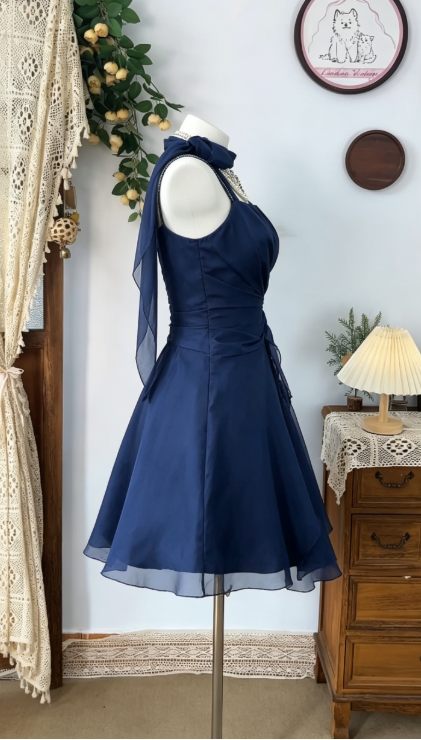 Beauty Homecoming Dress Halter Pleated Back to School Outfits Party Dress D6494