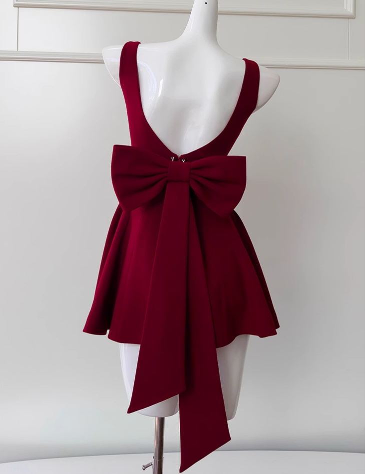 Vintage Burgundy Bow Design A-line Party Dresses Homecoming Dresses, D1342