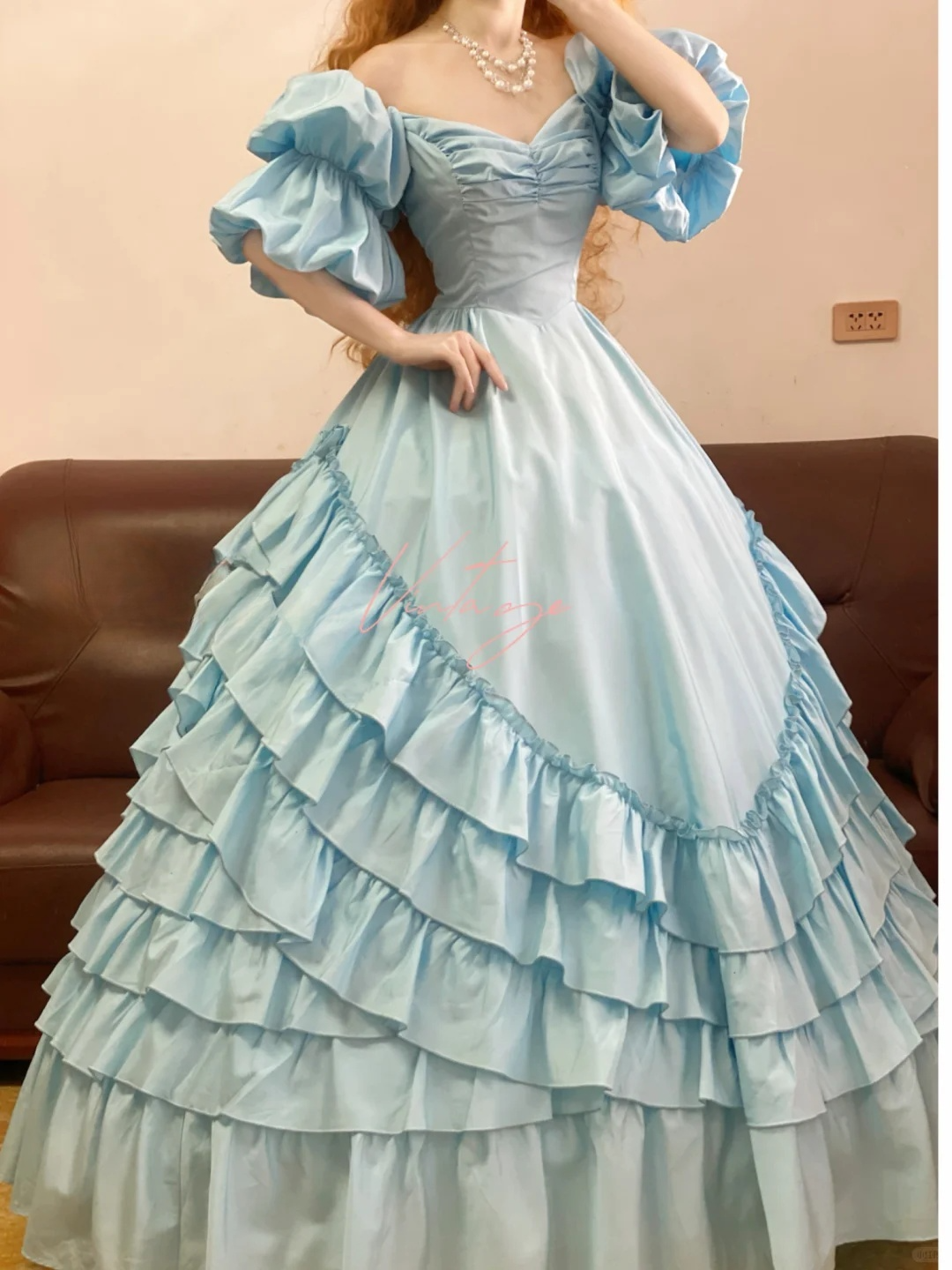 Vintage Blue Puff Ball Gown Layered Satin Prom Dress 16th Birthday Dress SH4957