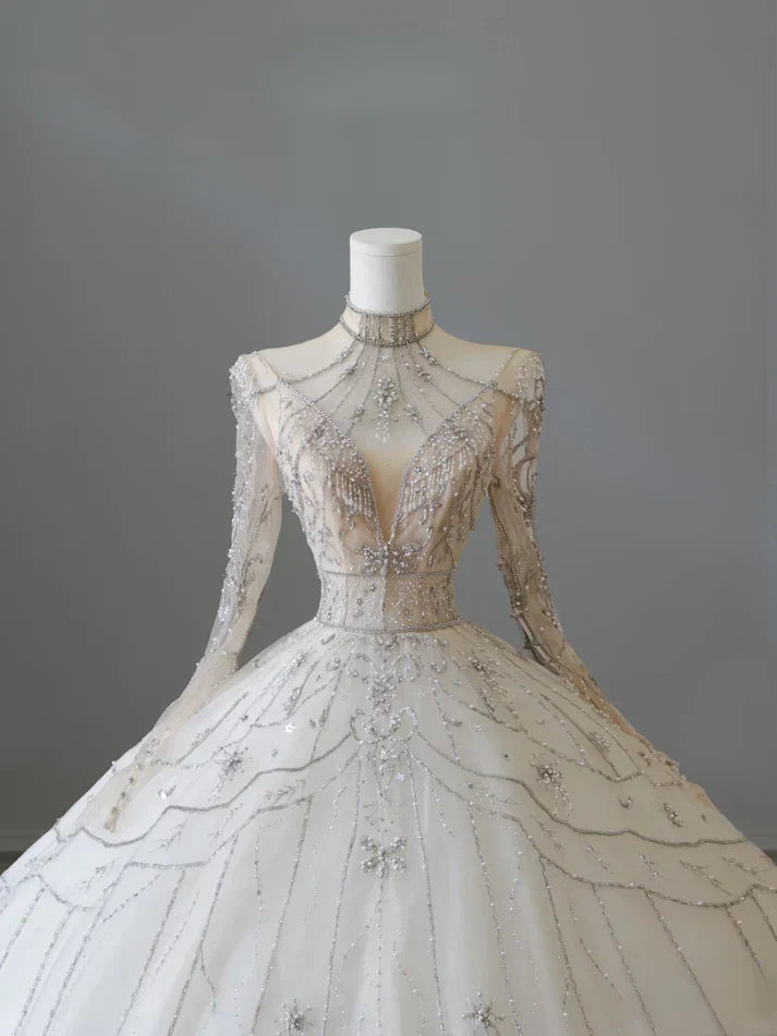 Vintage Sparkling Beaded Ball Gown Design A-Line Long-sleeved Princess Wedding Dress, D1587
