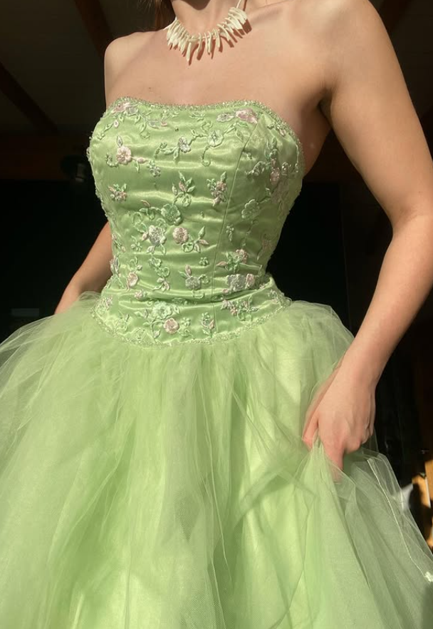 Summer Green A Line Strapless Embroidery Flower Satin Tulle Prom Dress Evening Dress SH5911