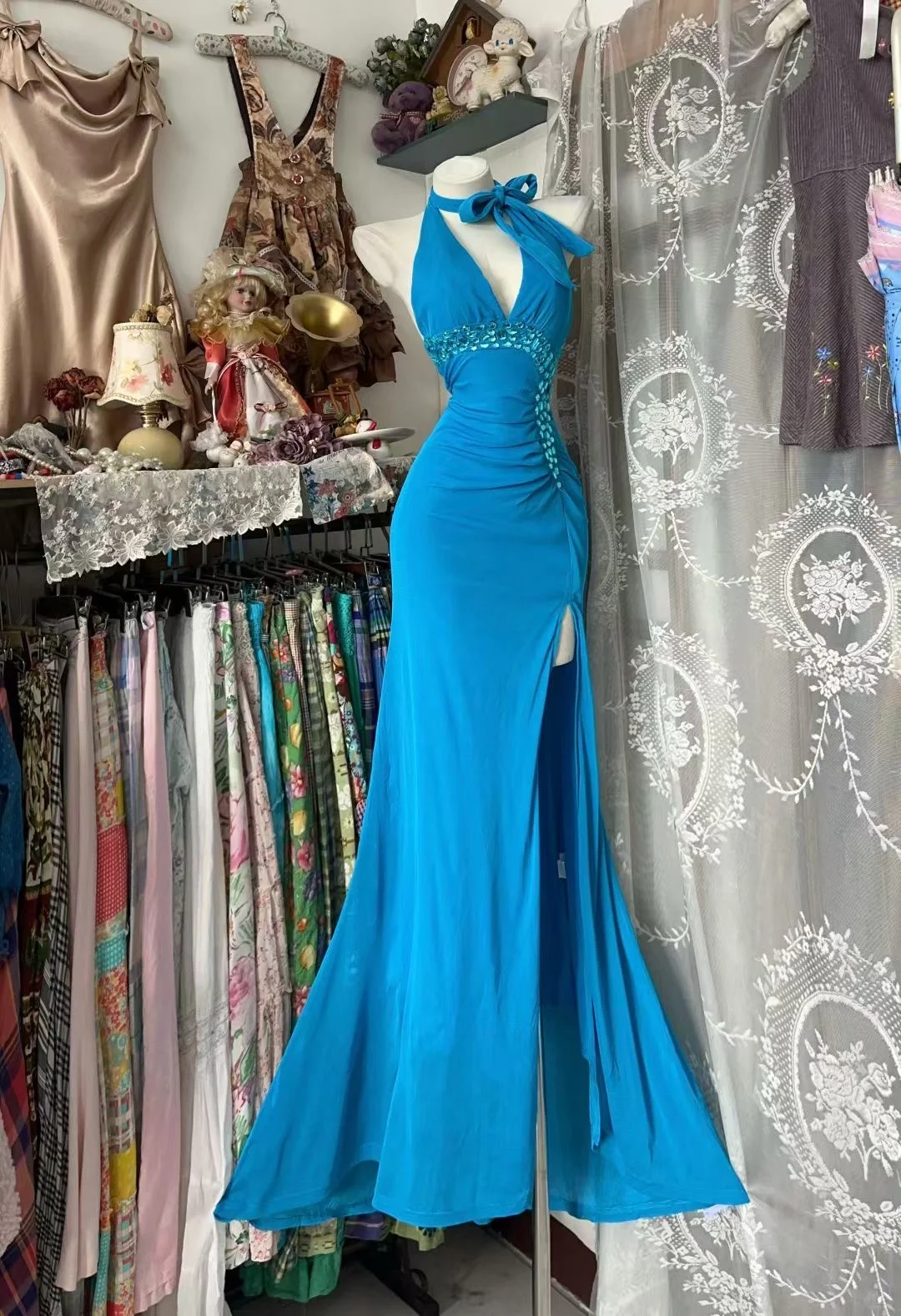 Vintage Bright Blue Mermaid Halter Beaded Chiffon Slit Prom Dress Evening Dress SH5689