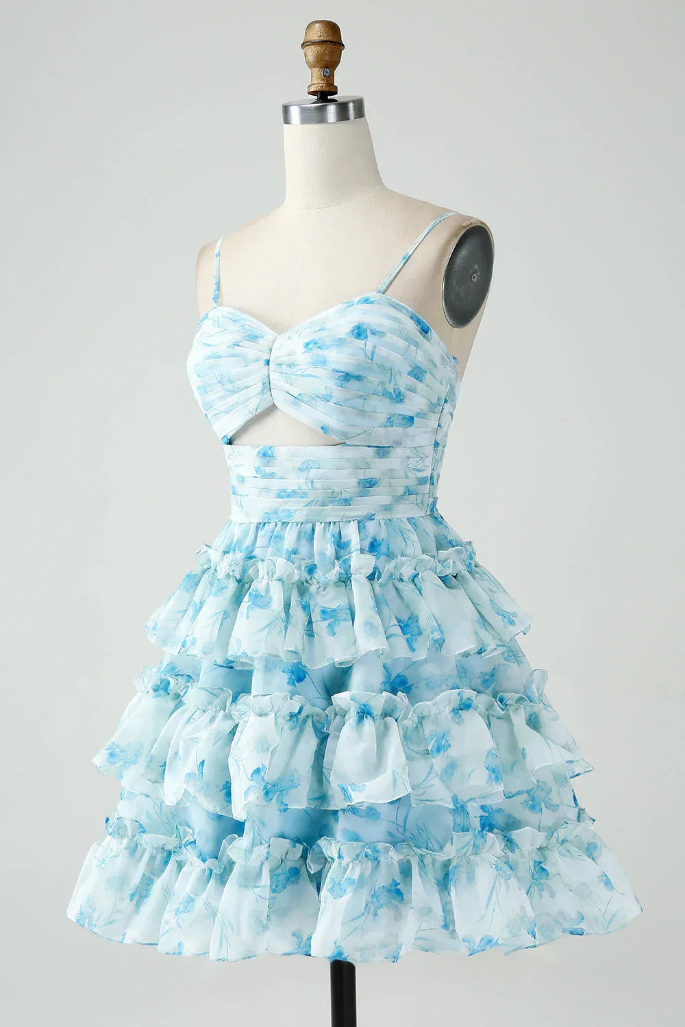 Vintage Light Blue Floral Design A-line Spaghetti Strap Tiered Homecoming Dress, D1365