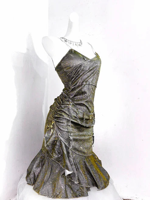 Vintage Green Spaghetti Strap Ruffled Hem Hem Short 16th Birthday Party Dress Homecoming Dress D1530