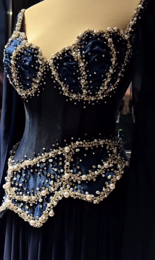 Stunning Navy Blue A Line Exquisite Pearl Beaded Chiffon Tulle Graduation Prom Dress SH5331