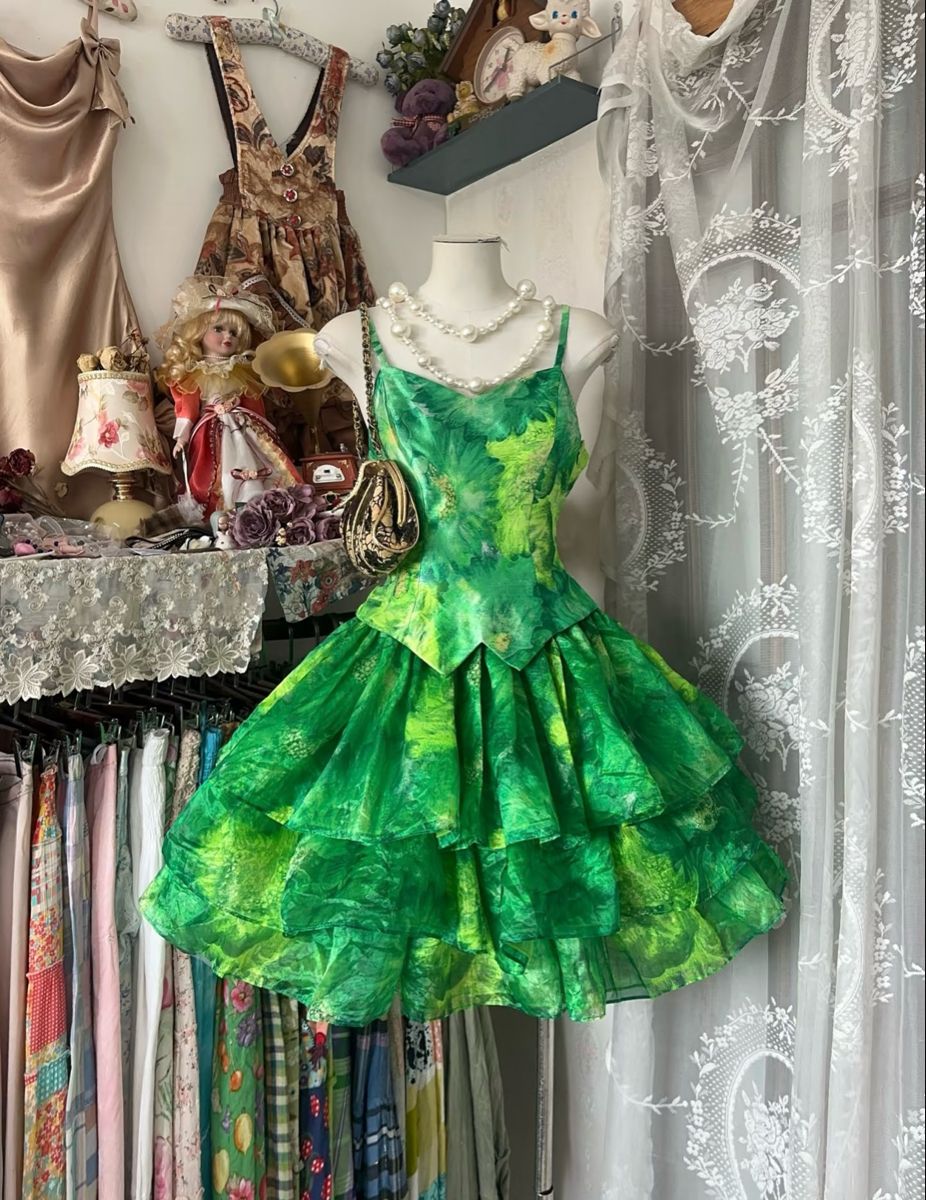 Vintage Bright Green A Line Straps Print Floral Satin Short Homecoming Dress Outfits SH5749