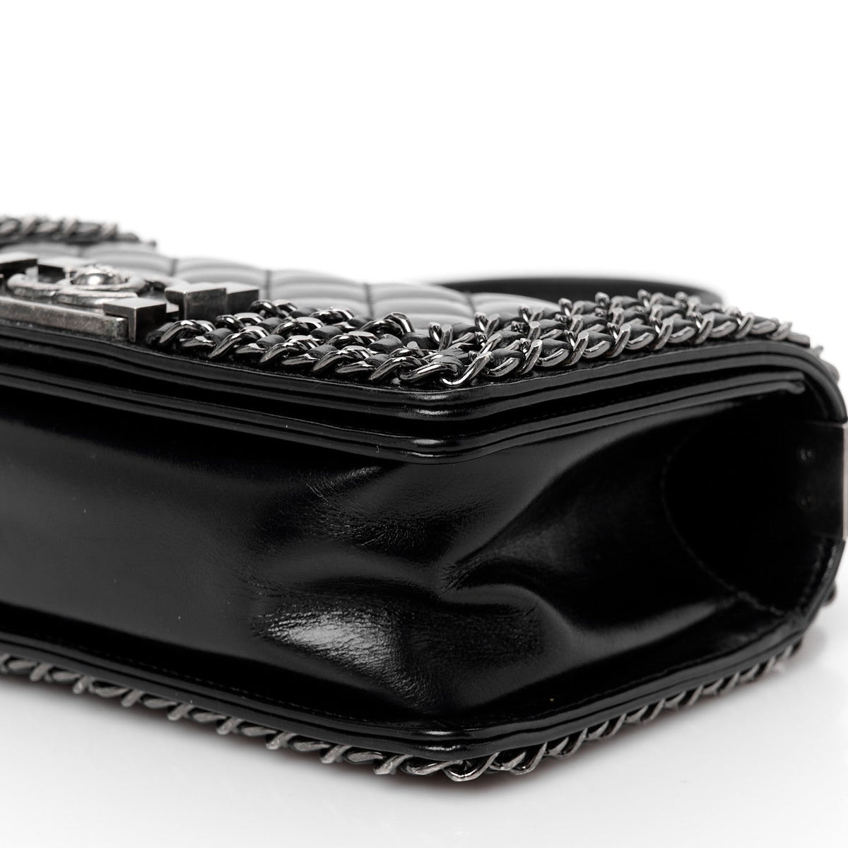 Glazed Calfskin Quilted Small Boy Chained Flap Black